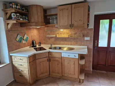 a kitchen with wooden cabinets and a sink at Počitniška hiša Mlekarna Grant in Grahovo