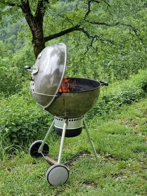 a b grill sitting on the grass in a field at Počitniška hiša Mlekarna Grant in Grahovo