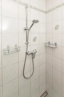 a shower with a shower head in a bathroom at Počitniška Hiša Voje in Srednja Vas v Bohinju