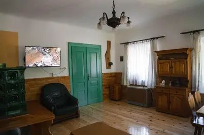 a living room with a green door and a tv at Country House Sveta Ana in Stari Trg pri Ložu