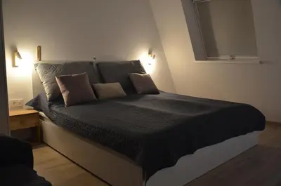a bedroom with a bed with a black comforter at River Apartment in Bovec