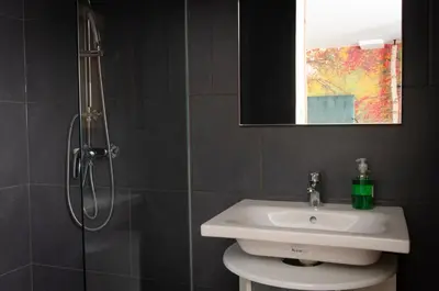 a bathroom with a sink and a shower at Apartments with Private Saunas - WELLNESS Gobi in Podčetrtek