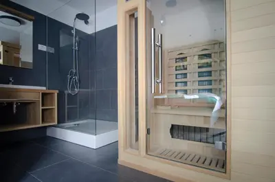 a bathroom with a shower and a glass door at Apartments with Private Saunas - WELLNESS Gobi in Podčetrtek