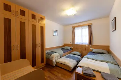 a bedroom with three beds and a window at Luxury apartments Prežin in Pohorje