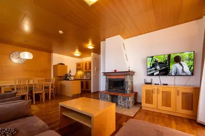a living room with a fireplace and a tv on the wall at Luxury apartments Prežin in Pohorje
