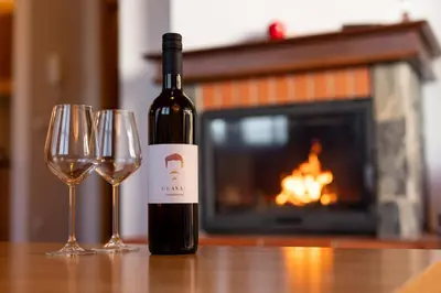 a bottle of wine sitting on a table with two wine glasses at Luxury apartments Prežin in Pohorje