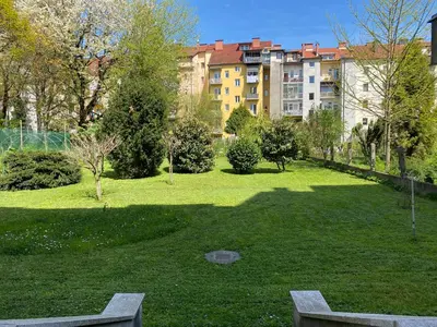 a green park with a building in the background at Boennium Apartments Green Oasis in Ljubljana