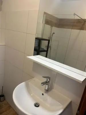 a bathroom with a white sink and a mirror at Roja House in Soča