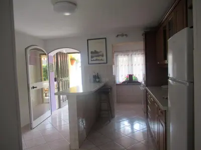 a kitchen with a counter and a refrigerator at Apartma Qbed in Gračišče