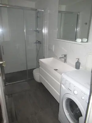 a bathroom with a shower and a washing machine at Apartma Qbed in Gračišče