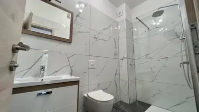 a bathroom with a shower and a toilet and a sink at Panorama rooms in Bovec