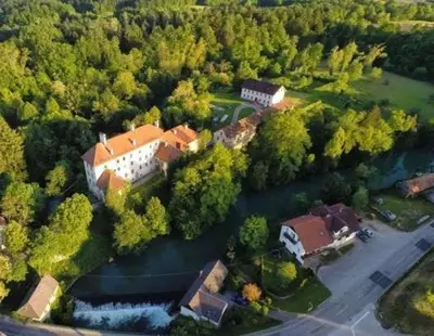 an aerial view of a house and a river at Apartma Krupa in Gradac