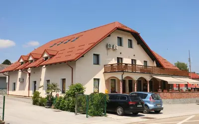 a building with two cars parked in front of it at Apartments Vila Leska in Zgornji Leskovec