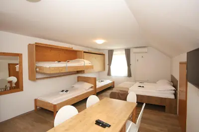 a dorm room with two beds and a table at Apartments Vila Leska in Zgornji Leskovec
