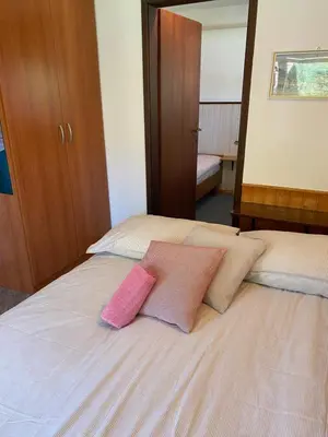 two pillows sitting on top of a bed at Apartma Anton in Kranjska Gora