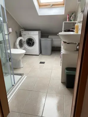 a bathroom with a washing machine and a sink at Perfect stay 2 in Maribor