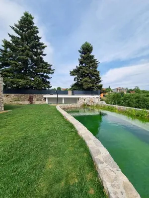 a swimming pool in a yard with two trees at Shamarè Resort & Wellness Spa in Hrpelje