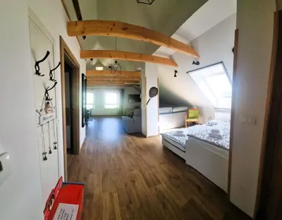 a bedroom with a bed and a room with a ceiling at Apartma Ana in Manca in Begunje na Gorenjskem