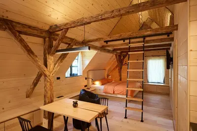 a bedroom with a bunk bed and a table in a room at NATUR BAJTA in Solčava