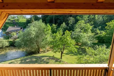 a window in a cabin with a view of a tree at Na-Ture Apartments in Zgornje Gorje