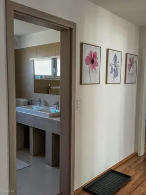 a bathroom with a sink and a large mirror at Rož'ca apartments with mountain view in Mojstrana