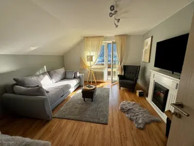 a living room with a couch and a fireplace at Rož'ca apartments with mountain view in Mojstrana