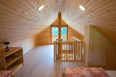 a large room with a wooden ceiling in a cabin at Hiša Breza in Mozirje