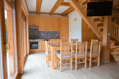 a kitchen with a table and chairs and a television at Hiša Breza in Mozirje