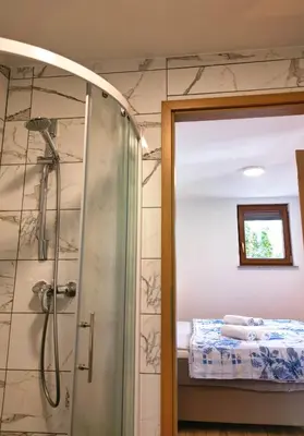 a bathroom with a shower and a bed at Apartment Mari in Bohinj