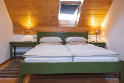 a bedroom with a green bed with two night stands at Guesthouse Novak in Dvor