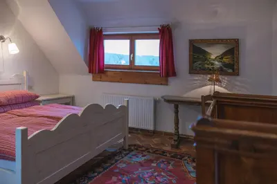 a bedroom with a bed and a window and a desk at Guesthouse Novak in Dvor