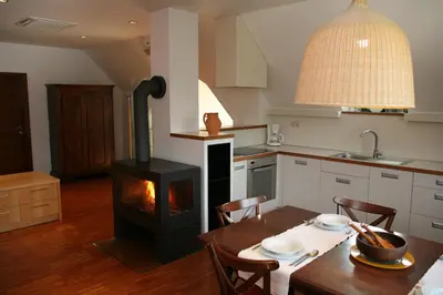 a kitchen with a wood stove and a table with chairs at Apartments Cvetje v Jeseni in Škofja Loka