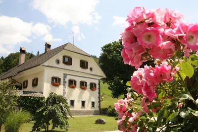 a house with pink flowers in front of it at Apartments Cvetje v Jeseni in Škofja Loka