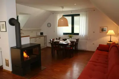 a living room with a fireplace and a dining room table at Apartments Cvetje v Jeseni in Škofja Loka