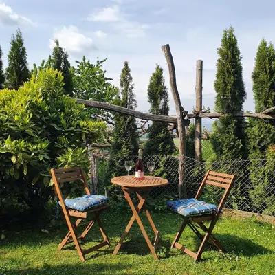 a table with a bottle of wine and two chairs at Hiška pri Tisi in Ptujska Gora