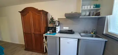a kitchen with a counter and a sink and a cabinet at DEKO-rooms in Ljubljana