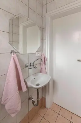 a bathroom with a sink and a pink towel at Vrtnarjeva hiša, The Gardener's Cottage in Radovljica