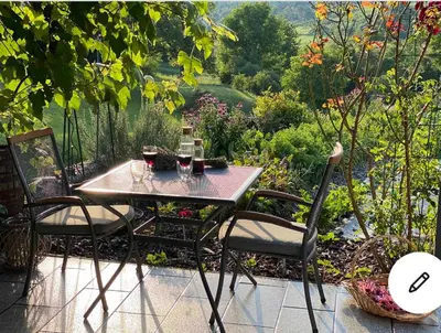 a table with two chairs and two glasses of wine at Lovely apartment in nature with sauna in Postojna