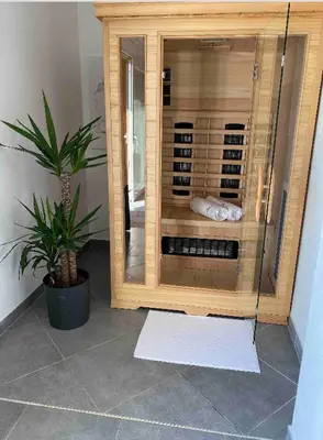 a wooden cabinet with a plant in a room at Lovely apartment in nature with sauna in Postojna