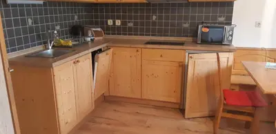 a kitchen with wooden cabinets and a sink at Sunny place in Kranjska Gora