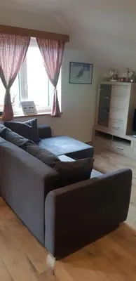 a living room with a couch and a large window at Sunny place in Kranjska Gora