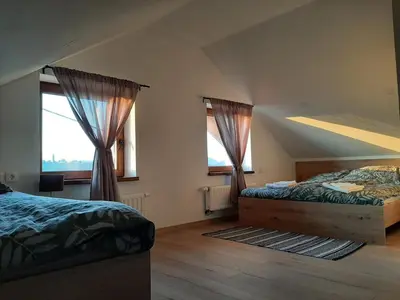 a bedroom with two beds and two windows at Holiday house Aronija in Šmarje pri Jelšah