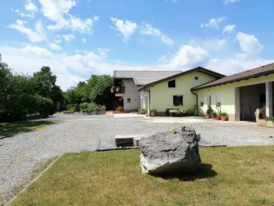 a large rock sitting in the grass in front of a house at Deno in Podgrad