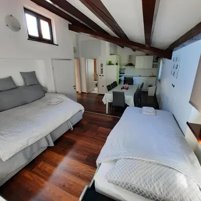 a bedroom with two beds and a living room at Apartma Rok in Plavje