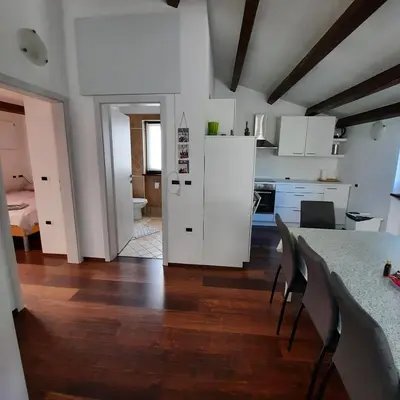 a kitchen and dining room with a table and chairs at Apartma Rok in Plavje