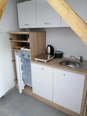 a small kitchen with white cabinets and a sink at Glamping with a view in Smlednik