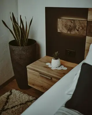 a table with a plant on it next to a bed at Schneider Living in Bovec