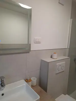 a bathroom with a white sink and a mirror at APARTMENT WITH A VIEW in Bohinjska Bistrica