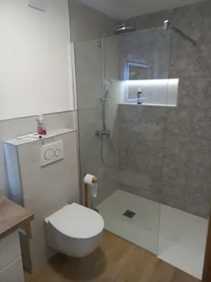 a bathroom with a toilet and a glass shower at APARTMENT WITH A VIEW in Bohinjska Bistrica