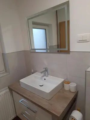 a bathroom with a white sink and a mirror at APARTMENT WITH A VIEW in Bohinjska Bistrica